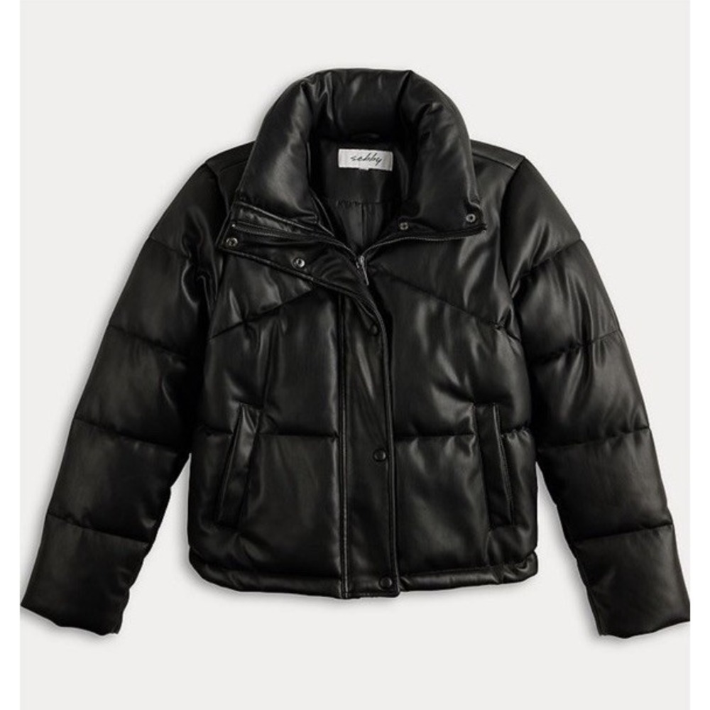 Sebby Collection Faux Leather Puffer Jacket Black Short Length Women's L New
